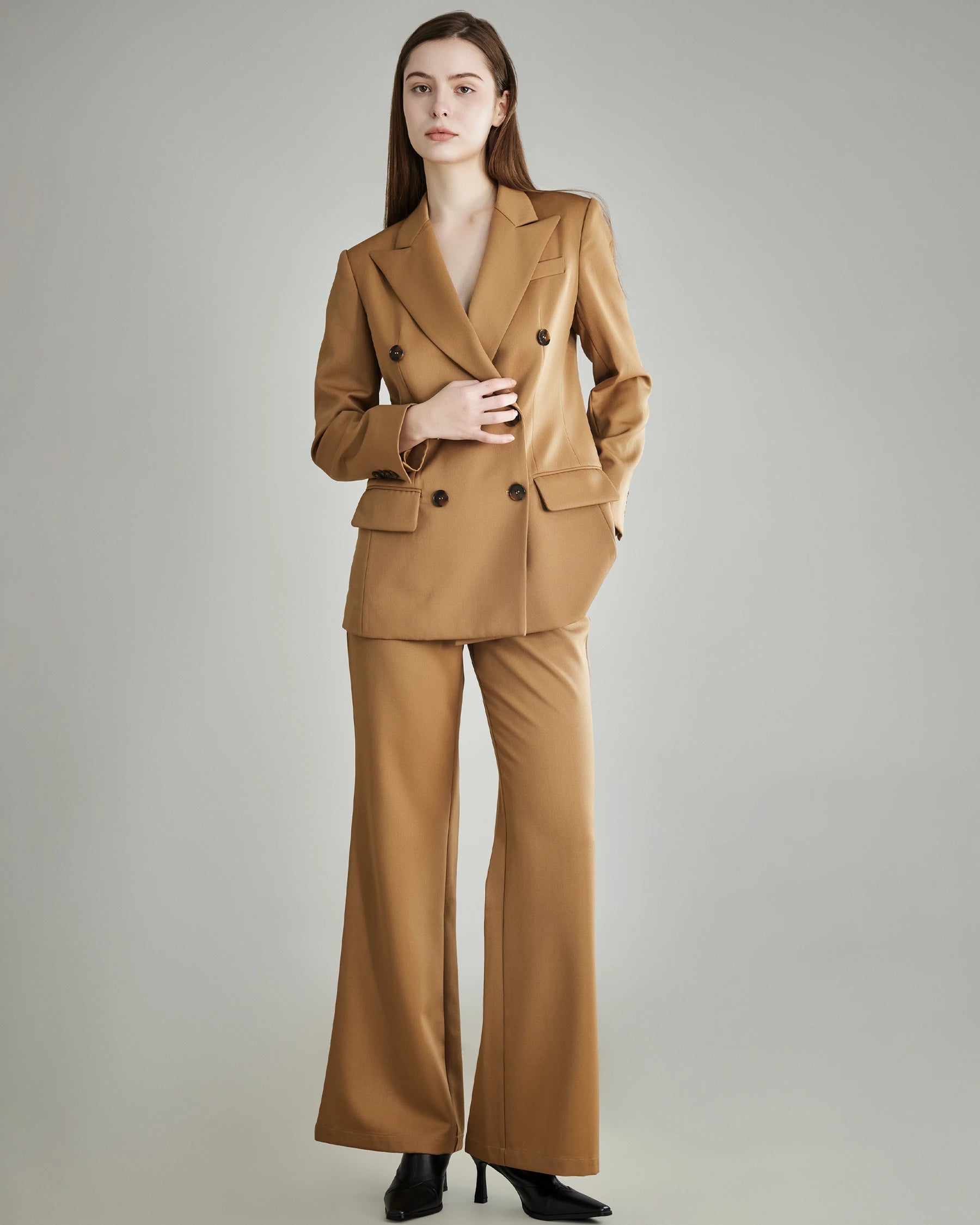 Wool Flared Suit Trousers for Women, Camel
