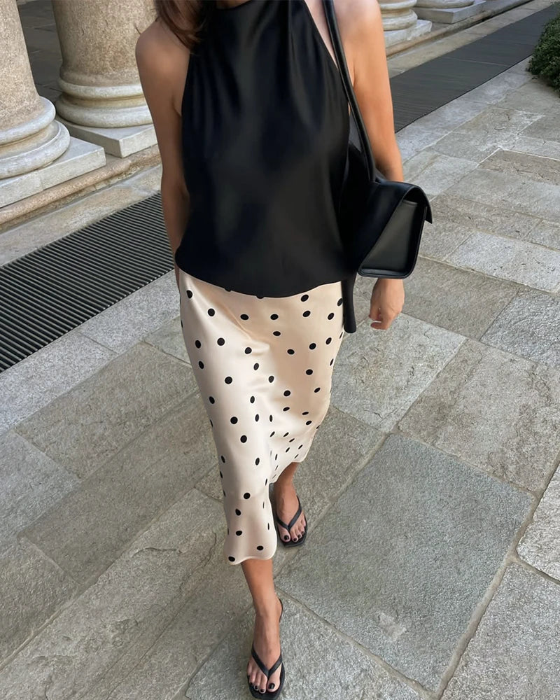 Polka Dot Silk Midi Skirt, Champagne and Black