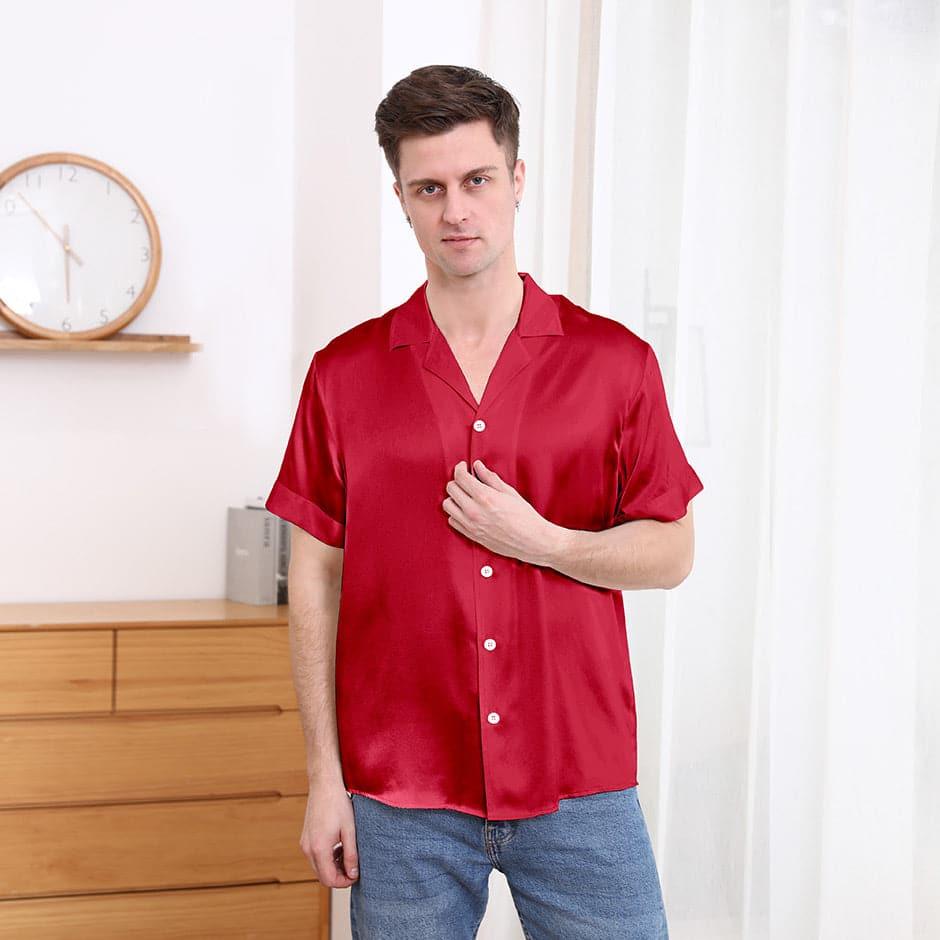 Gentle Lapel Collar Silk Short Shirt Blouse For Men - DAISYSILK