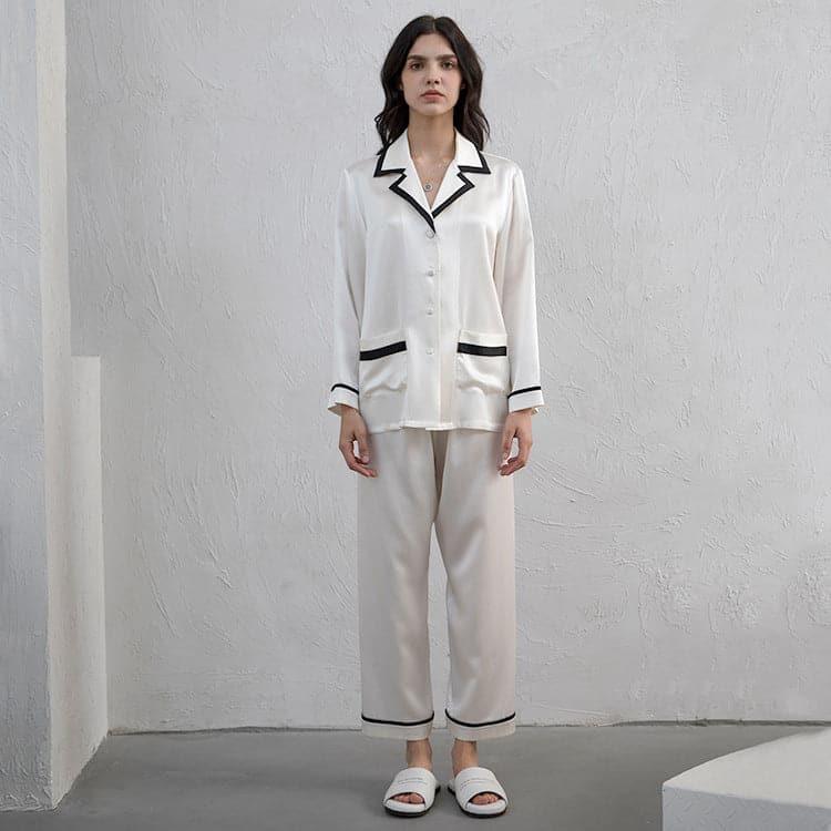 Women's Silk Pajama Set with Contrast Piping - DAISYSILK