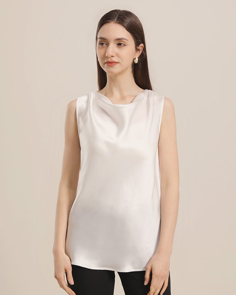 Sleeveless Silk Cowl Neck Top, Ivory