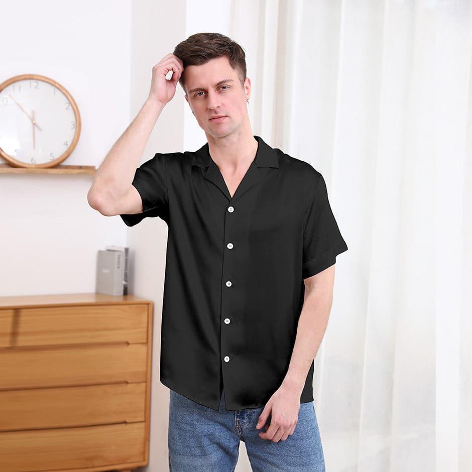 Gentle Lapel Collar Silk Short Shirt Blouse For Men - DAISYSILK
