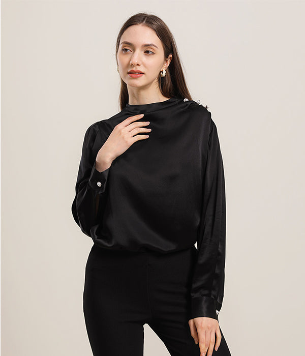 Mock Neck Silk Blouse with Pearl Button, Black