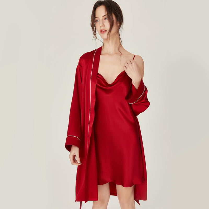 Pure Silk Nightgown & Robe Set 2Pcs Red
