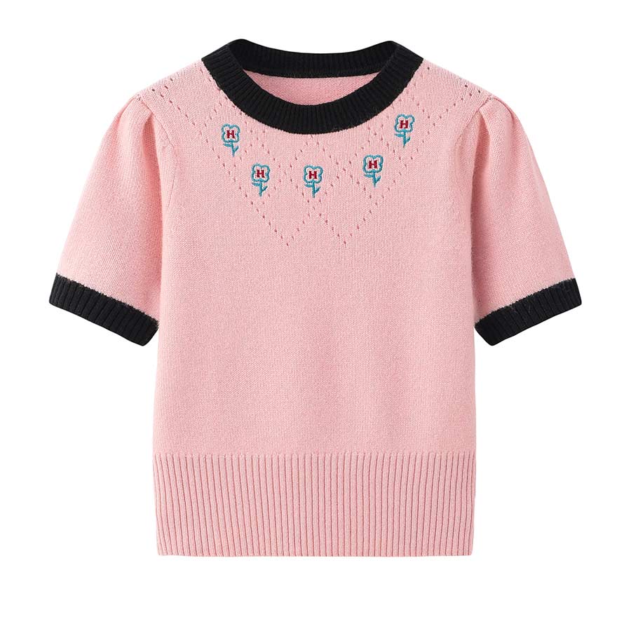 Round Neck Short-Sleeved Cashmere Sweater - DAISYSILK