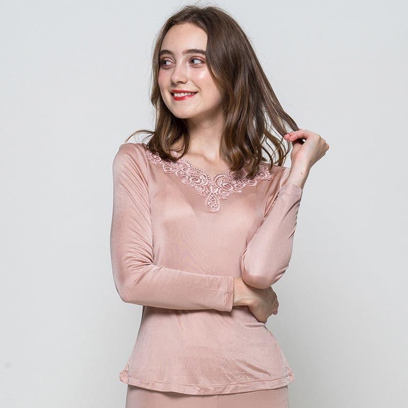 100% Silk Women Thermal Underwear Top, Pink